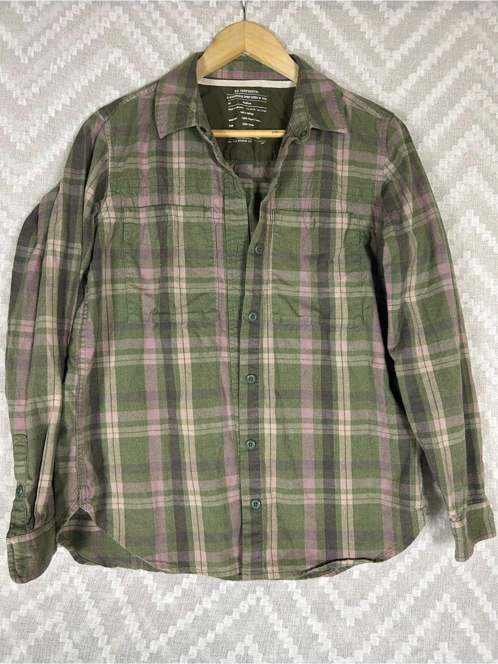 REI Olive Green and Mauve Plaid Button-Down Shirt